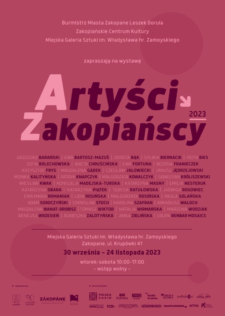 Plakat wystawy "Artyści Zakopiańscy 2023" w Miejskiej Galerii Sztuki w Zakopanem.